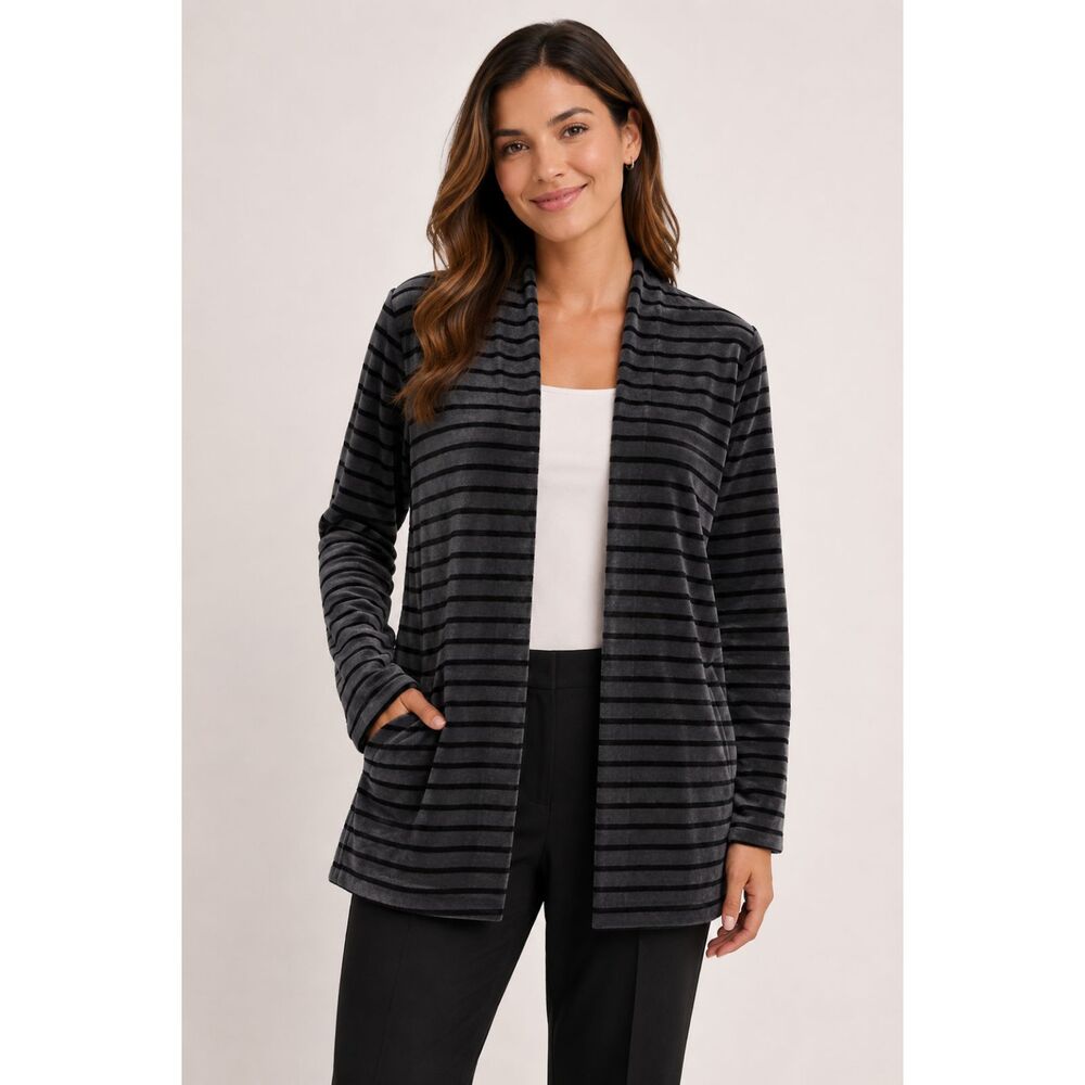 Talbots Gray Black Striped Shacket Sweater Medium Soft Cozy